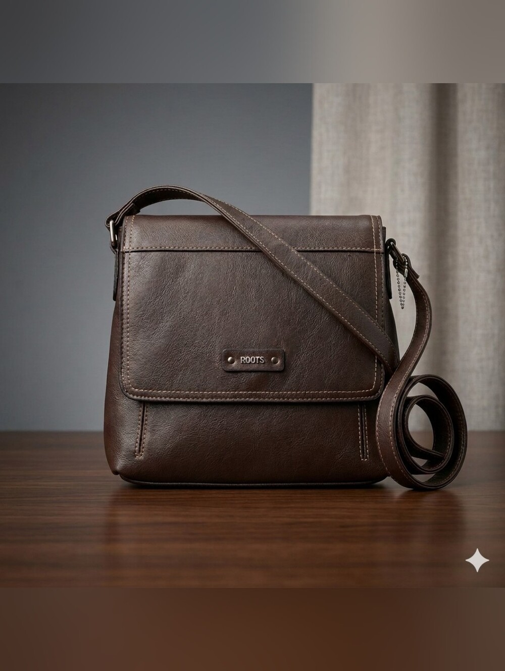 Roots Dark Brown Leather Small Front Flap Crossbody Bag Purse